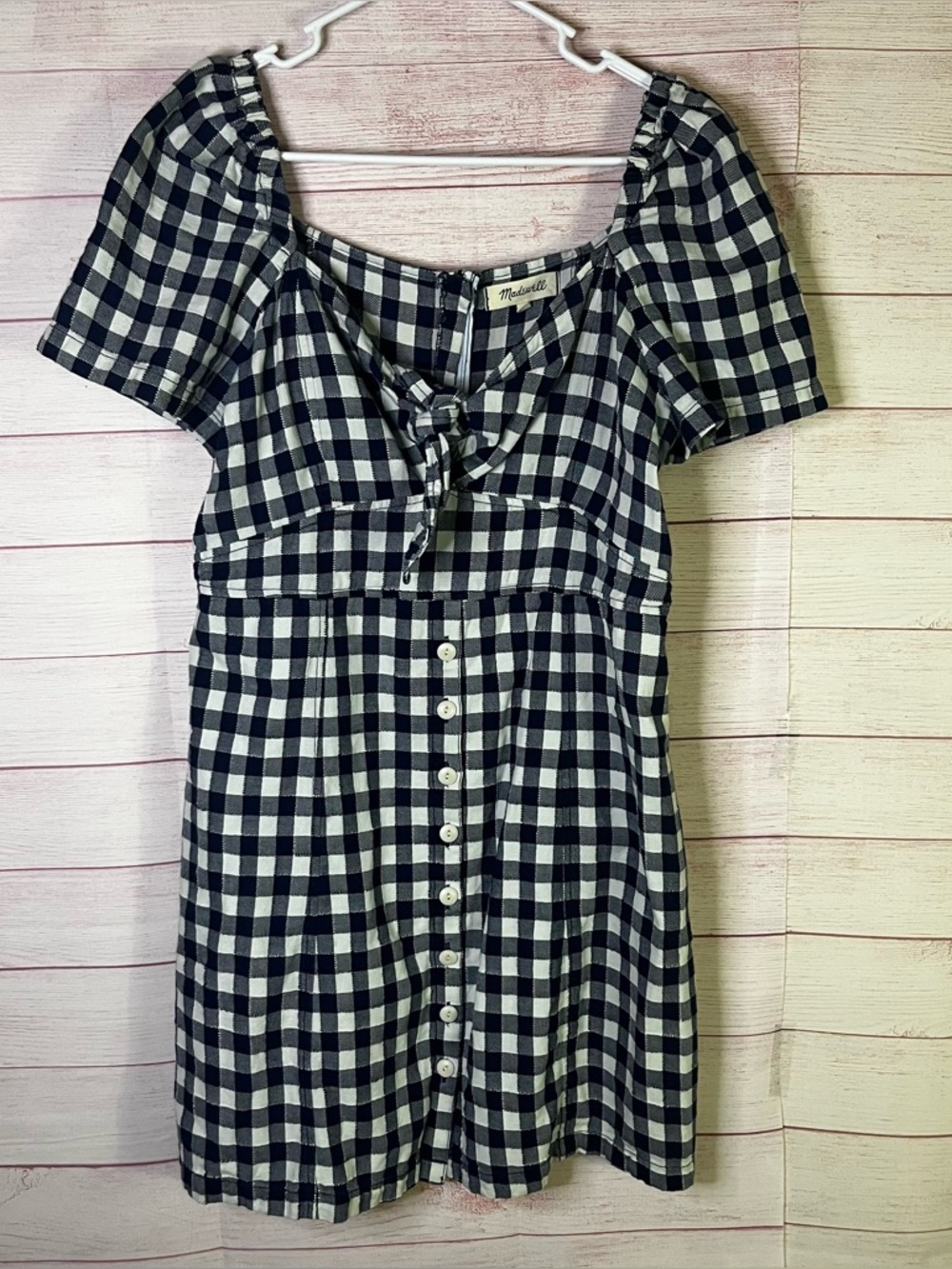 Madewell 100% Cotton Navy Blue White Gingham Tie Front Swing Dress Size 12